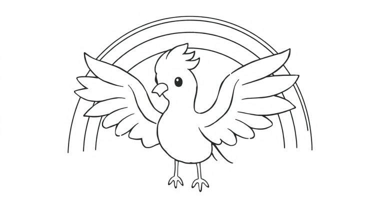 Dessin au trait noir et blanc d'une colombe avec un arc-en-ciel, coloriage pour enfants.