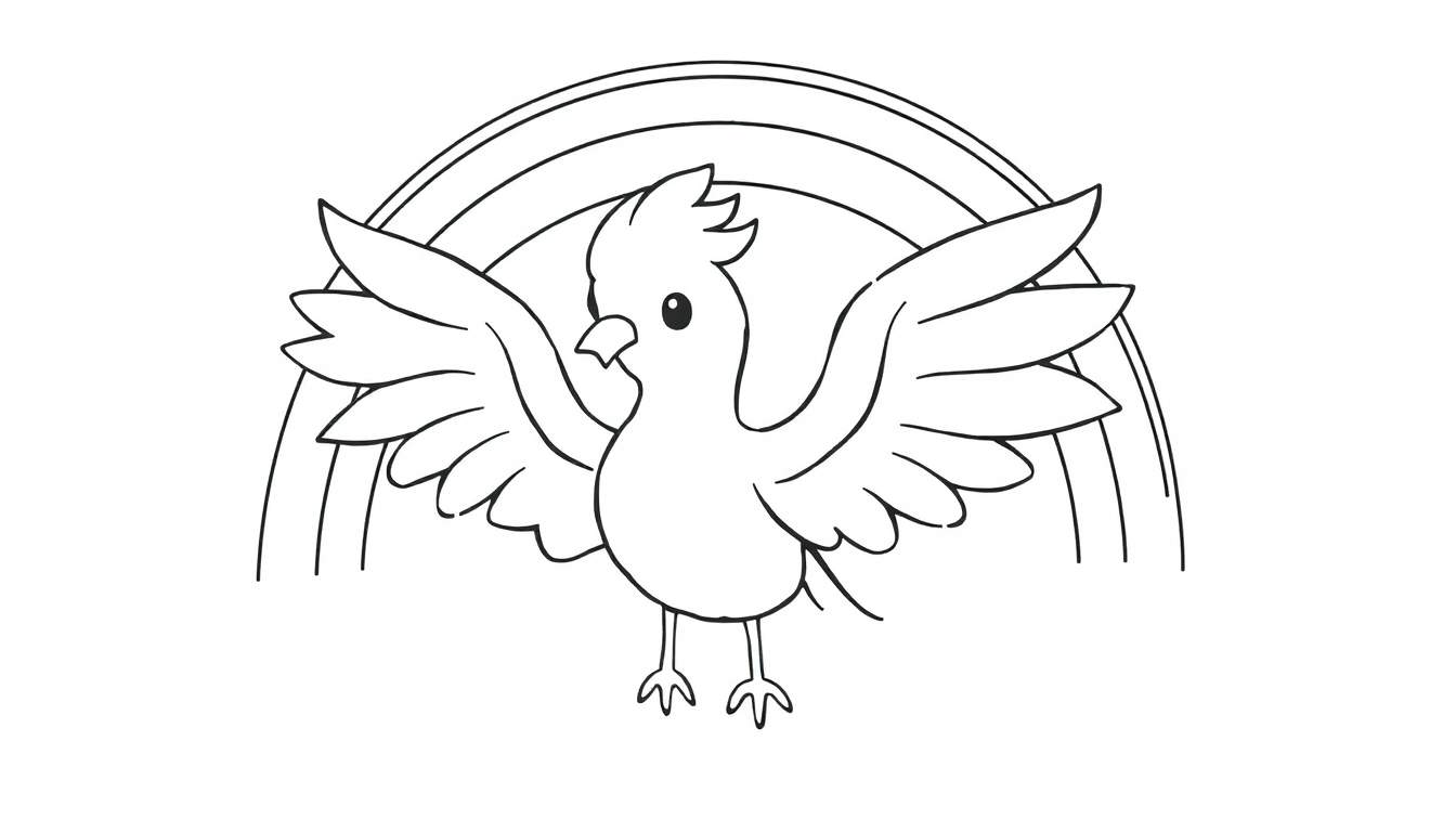 Dessin au trait noir et blanc d'une colombe avec un arc-en-ciel, coloriage pour enfants.