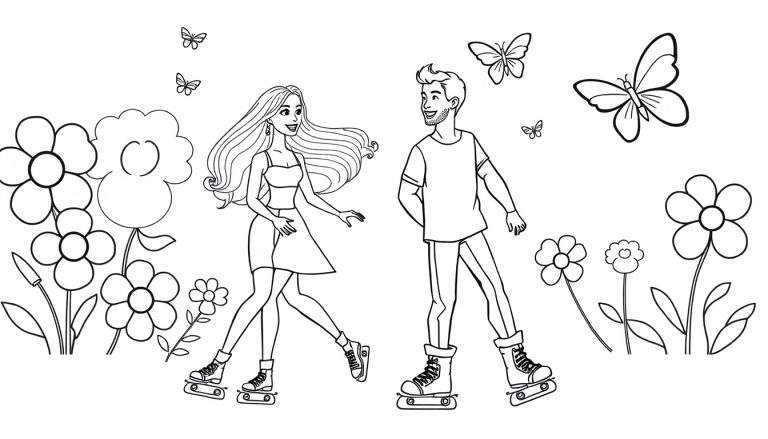Dessin en noir et blanc d'un couple jeune faisant du roller, souriant l'un à l'autre, avec des fleurs et des papillons autour.