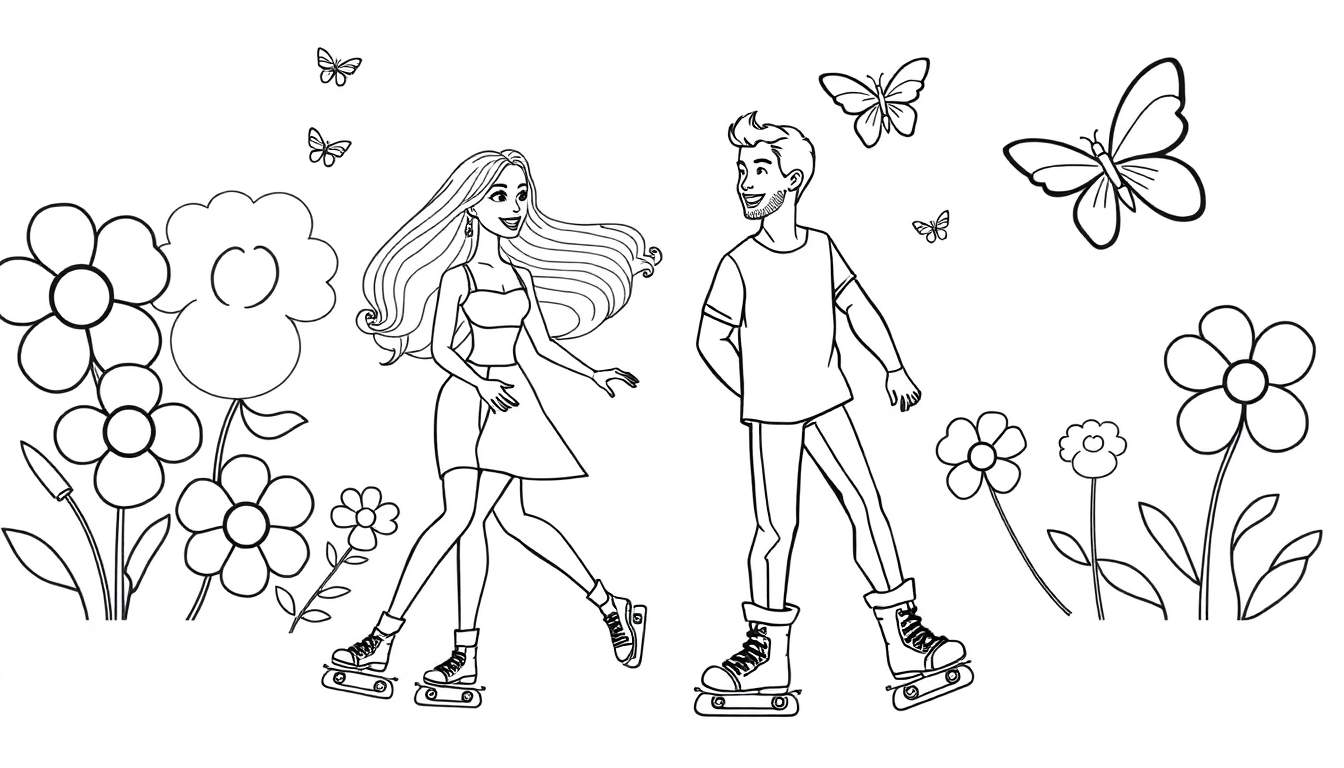 Dessin en noir et blanc d'un couple jeune faisant du roller, souriant l'un à l'autre, avec des fleurs et des papillons autour.