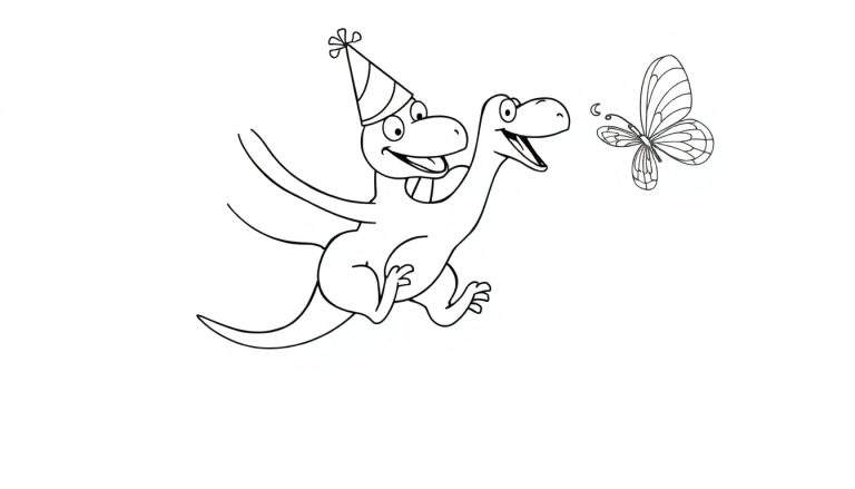 Dessin au trait d'un dinosaure souriant avec un chapeau de fête, volant joyeusement à côté d'un papillon.