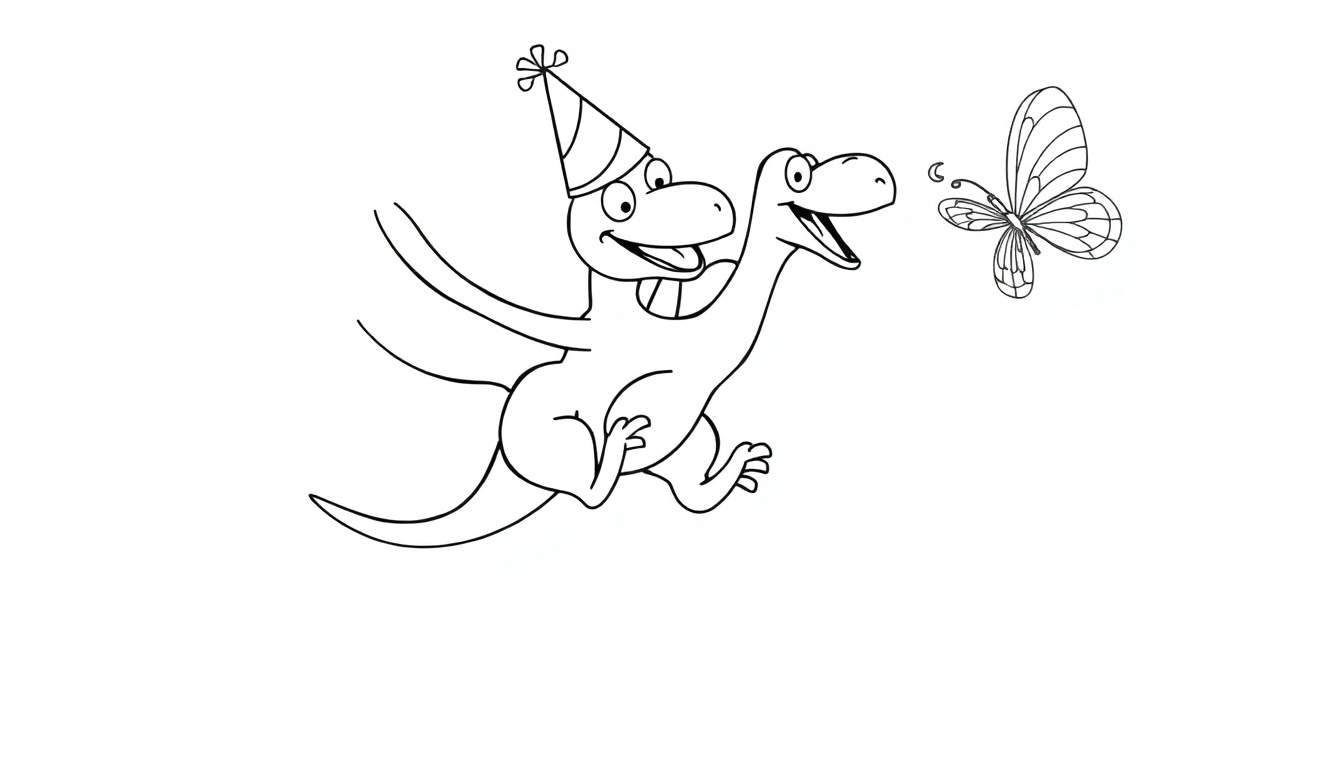 Dessin au trait d'un dinosaure souriant avec un chapeau de fête, volant joyeusement à côté d'un papillon.