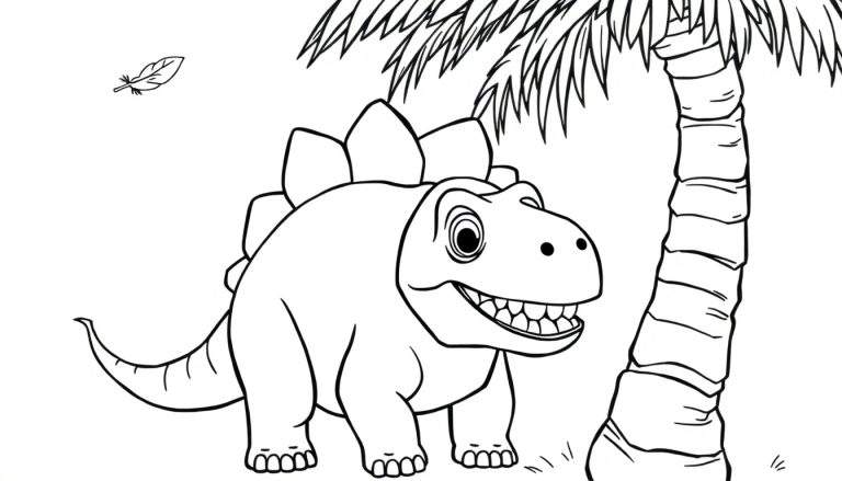 Dessin au trait d'un dinosaure souriant avec des plaques sur le dos près d'un palmier, avec une plume flottante.