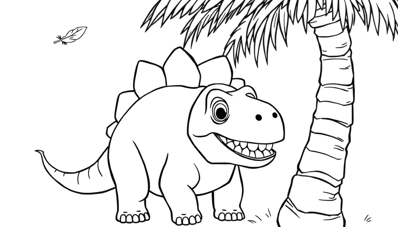 Dessin au trait d'un dinosaure souriant avec des plaques sur le dos près d'un palmier, avec une plume flottante.