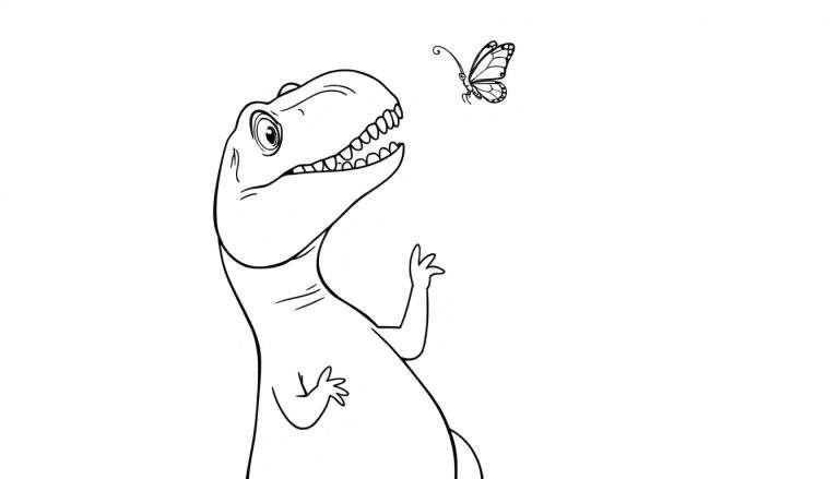 Dessin au trait d'un dinosaure regardant un papillon, prêt à être colorié.