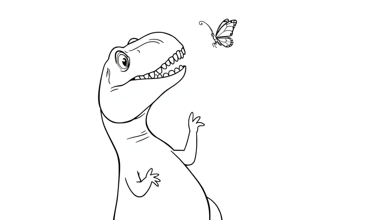 Dessin au trait d'un dinosaure regardant un papillon, prêt à être colorié.