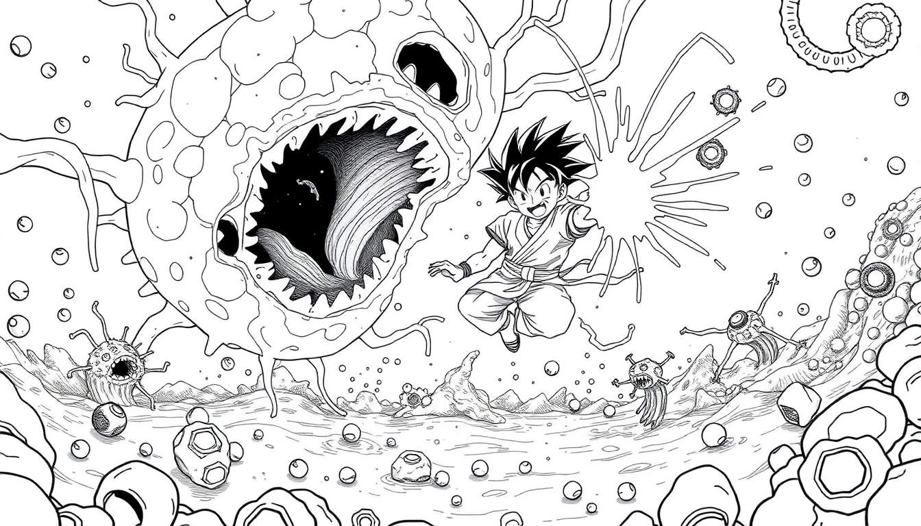Coloriage d'un jeune garçon aux cheveux en pointe, inspiré de Dragon Ball, sautant et lançant une attaque d'énergie face à un grand monstre aux dents pointues dans un décor extraterrestre étrange.