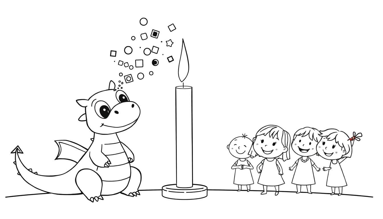 Coloriage d'un dragon de dessin animé souriant crachant des bulles carrées et rondes, avec quatre petites filles regardant une bougie allumée.