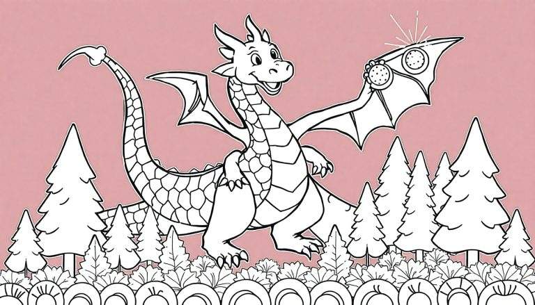 Coloriage d'un dragon souriant tenant un objet lumineux au milieu d'une forêt de sapins.