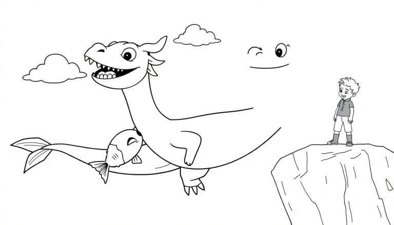 Coloriage d'un dragon géant volant et mangeant un poisson, avec un garçon sur un rocher qui le regarde.