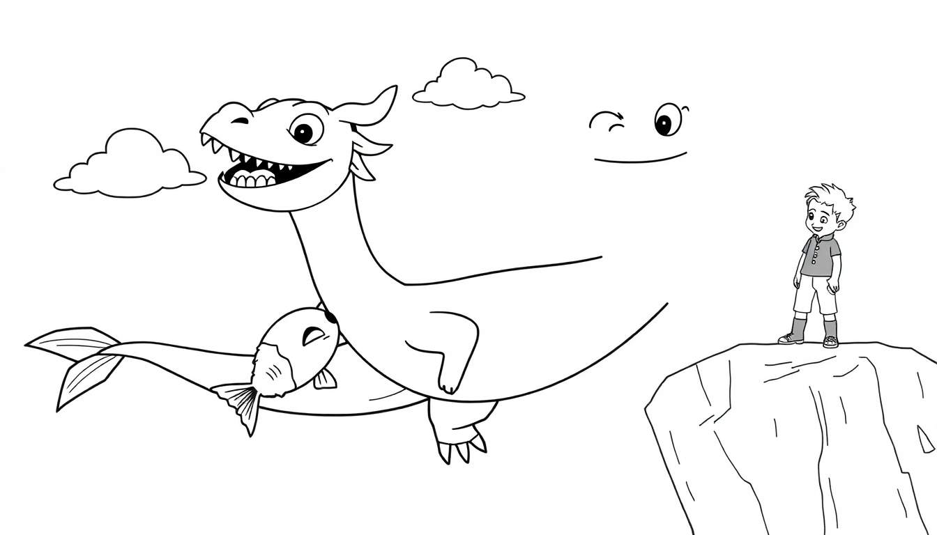 Coloriage d'un dragon géant volant et mangeant un poisson, avec un garçon sur un rocher qui le regarde.