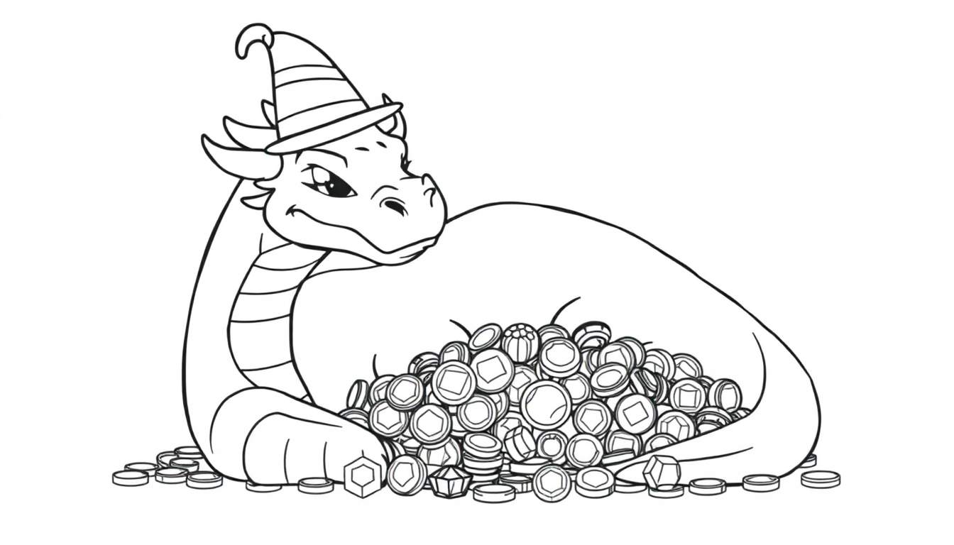 Dessin au trait noir et blanc d'un dragon cartoon aux grands yeux souriants, portant un chapeau de sorcier et entouré de nombreuses pièces de monnaie.