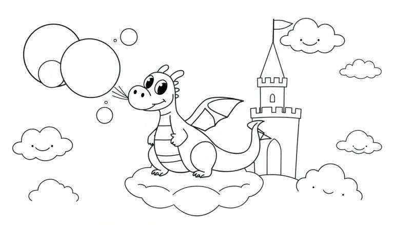Dessin au trait noir et blanc d'un dragon amical sur un nuage soufflant des bulles, avec un château de conte de fées et des nuages souriants en arrière-plan.