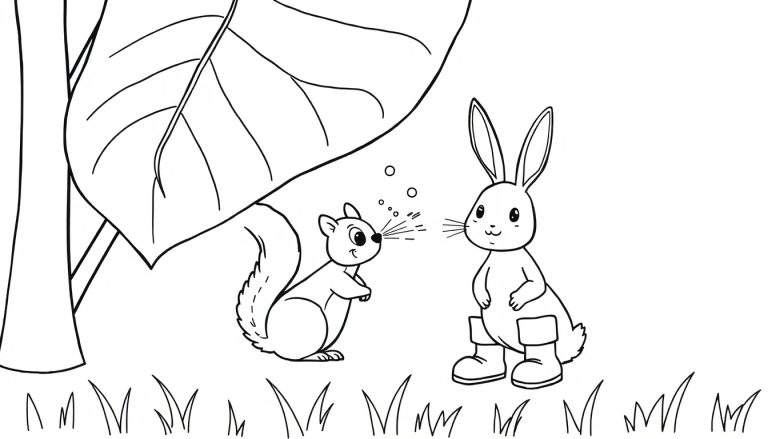 Coloriage d'un écureuil parlant avec des bulles sortant de sa bouche, assis devant un lapin aux longues oreilles dressées et portant des bottes. Ils sont dans une forêt avec un grand tronc d'arbre et une feuille.