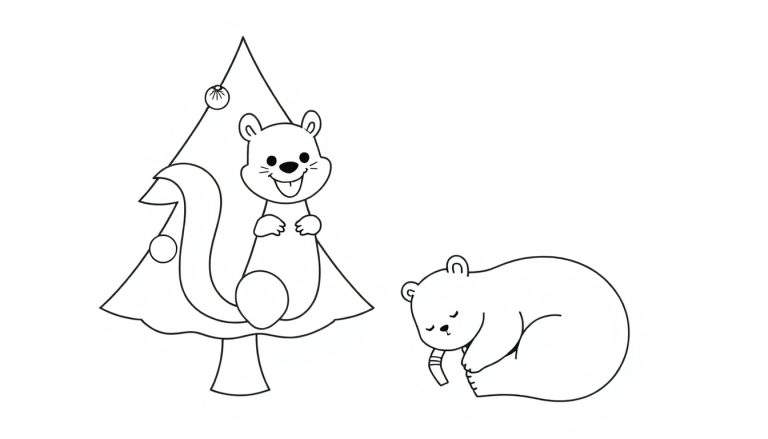 Dessin au trait noir et blanc d'un écureuil sur un sapin de Noël et d'un ours endormi tenant un tube.
