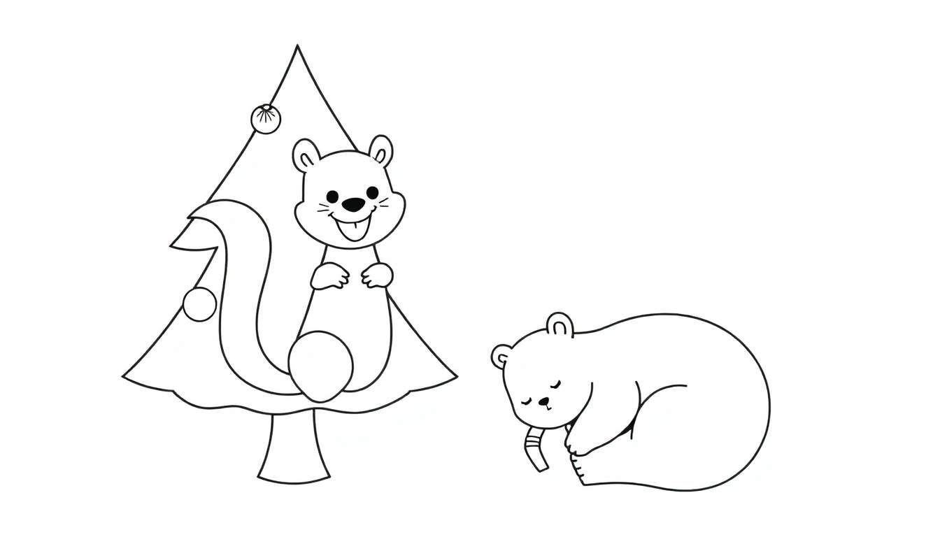 Dessin au trait noir et blanc d'un écureuil sur un sapin de Noël et d'un ours endormi tenant un tube.