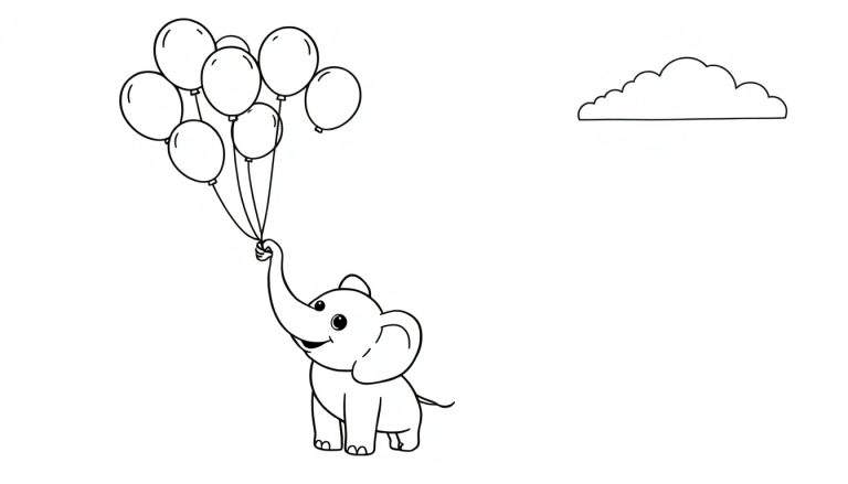 Dessin au trait noir et blanc d'un éléphant heureux tenant un bouquet de ballons, avec un nuage.