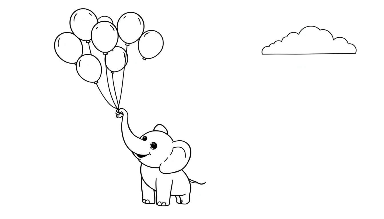 Dessin au trait noir et blanc d'un éléphant heureux tenant un bouquet de ballons, avec un nuage.