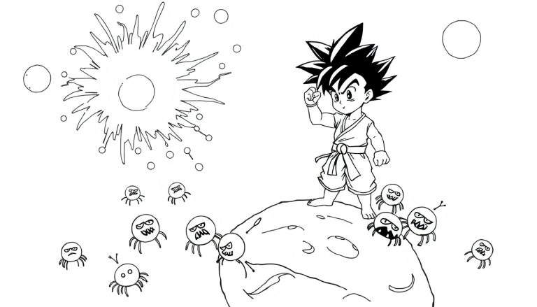 Coloriage d'un jeune garçon en tenue d'arts martiaux combattant des créatures rondes effrayantes avec des pattes d'araignée, sur un rocher, avec une explosion lumineuse dans le ciel.