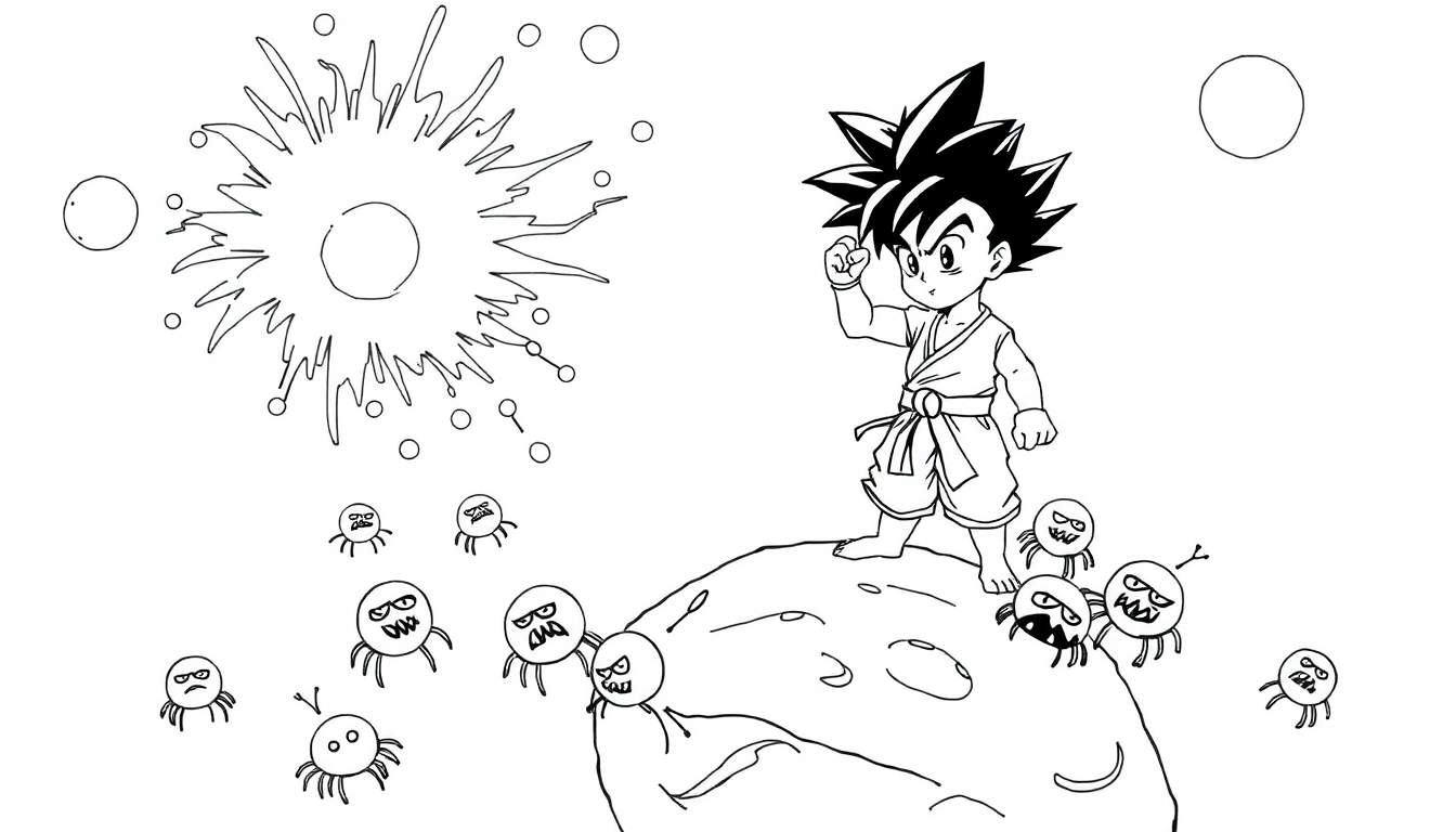 Coloriage d'un jeune garçon en tenue d'arts martiaux combattant des créatures rondes effrayantes avec des pattes d'araignée, sur un rocher, avec une explosion lumineuse dans le ciel.