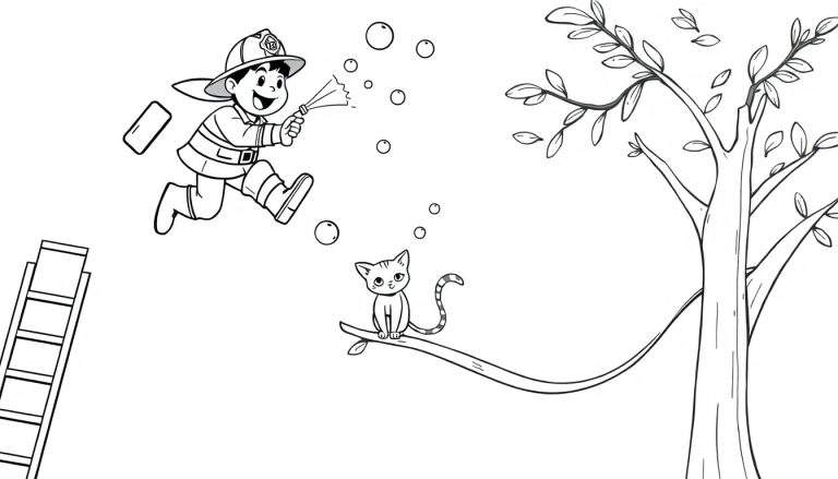 Dessin au trait d'un enfant pompier lançant des bulles près d'un arbre avec un chat sur une branche et une échelle.
