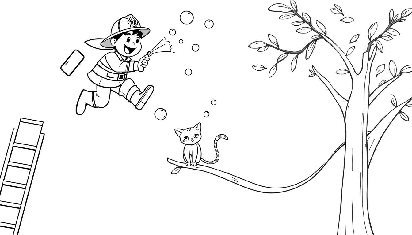 Dessin au trait d'un enfant pompier lançant des bulles près d'un arbre avec un chat sur une branche et une échelle.