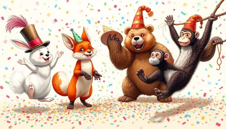 Un coloriage montrant un lapin blanc, un renard roux, un ours brun et deux singes portant des chapeaux de fête et entourés de confettis.
