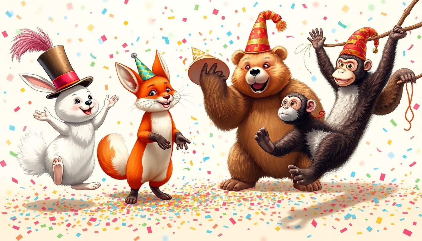 Un coloriage montrant un lapin blanc, un renard roux, un ours brun et deux singes portant des chapeaux de fête et entourés de confettis.
