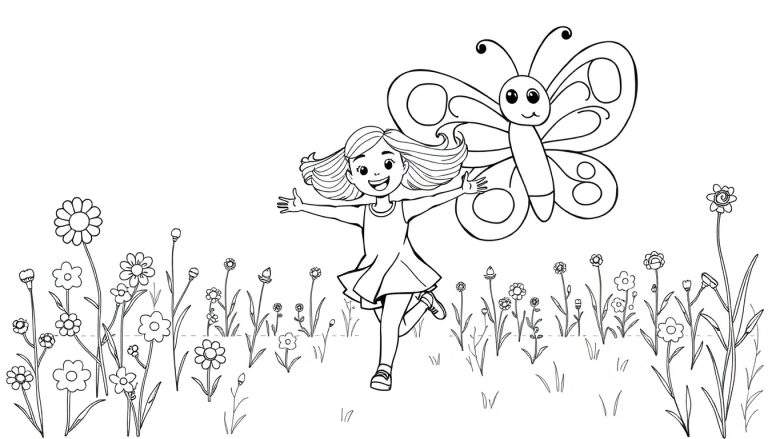 Dessin au trait noir et blanc d'une jeune fille courant joyeusement dans un champ de fleurs avec un papillon volant au-dessus de sa tête, prêt à être colorié.