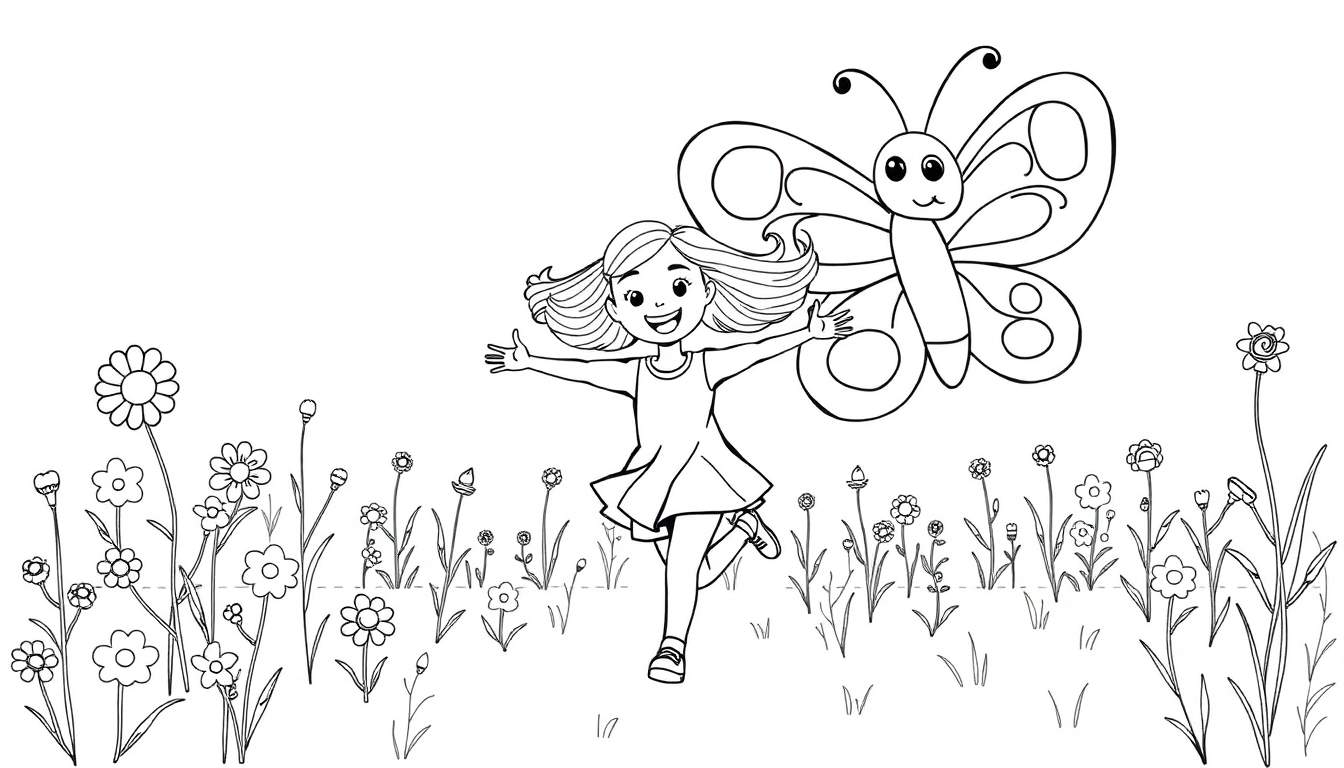 Dessin au trait noir et blanc d'une jeune fille courant joyeusement dans un champ de fleurs avec un papillon volant au-dessus de sa tête, prêt à être colorié.