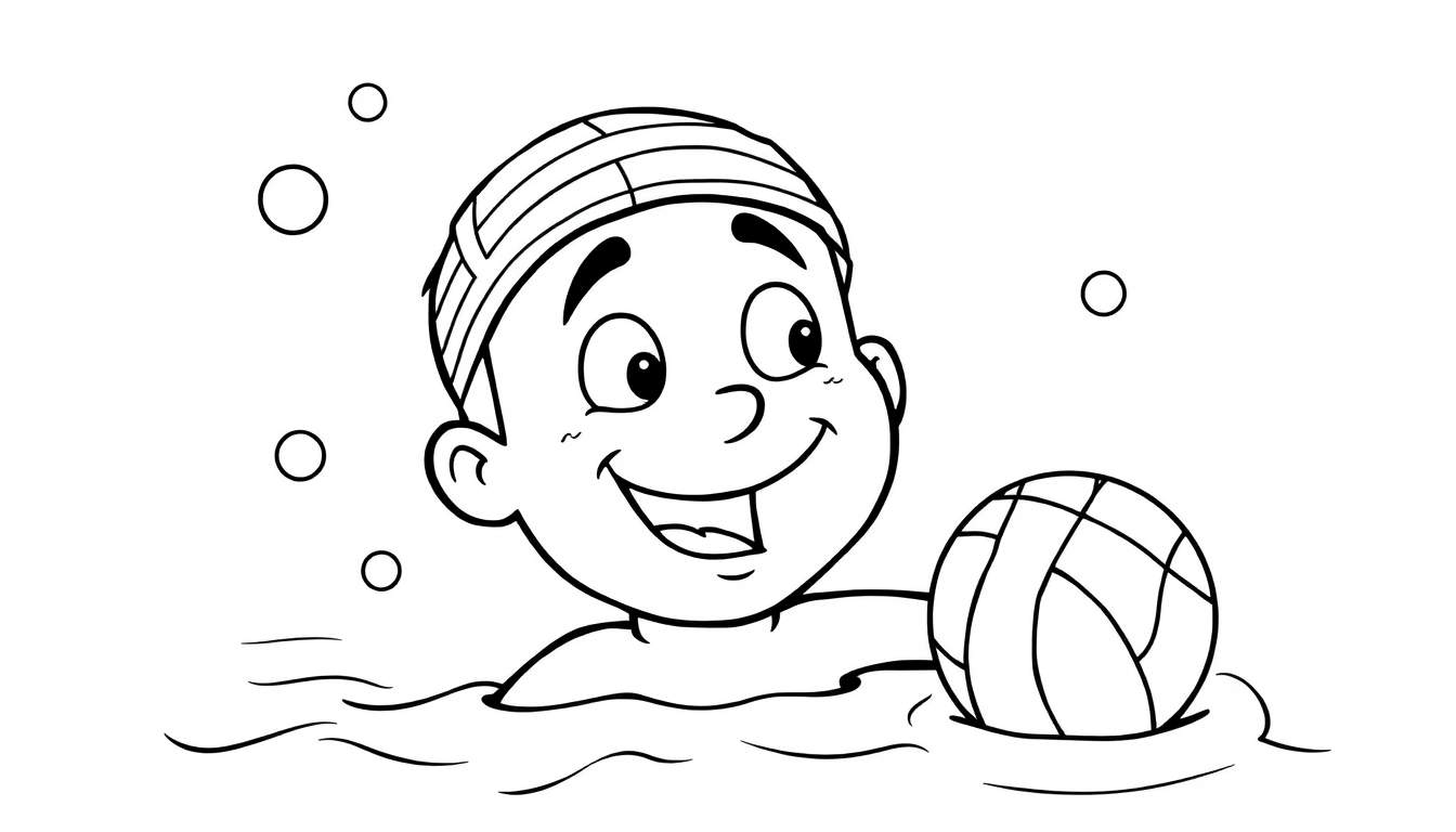 Dessin au trait d'un jeune garçon souriant avec un bonnet de bain et un ballon, entouré de bulles dans l'eau.