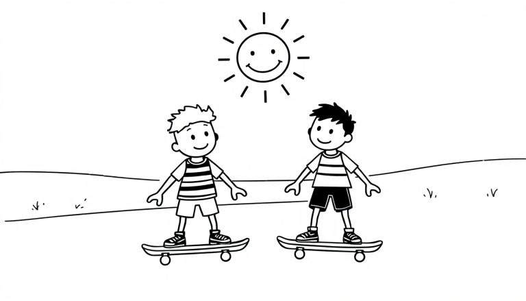 Dessin à colorier de deux garçons faisant du skateboard, avec un soleil souriant dans le ciel.