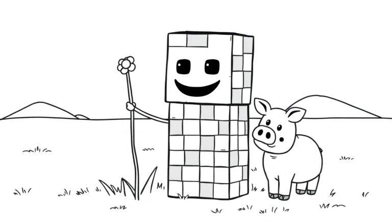 Dessin en noir et blanc d'un grand personnage en blocs souriant, tenant une fleur au bout d'un bâton, à côté d'un petit cochon amical. Arrière-plan simple avec des collines et de l'herbe.