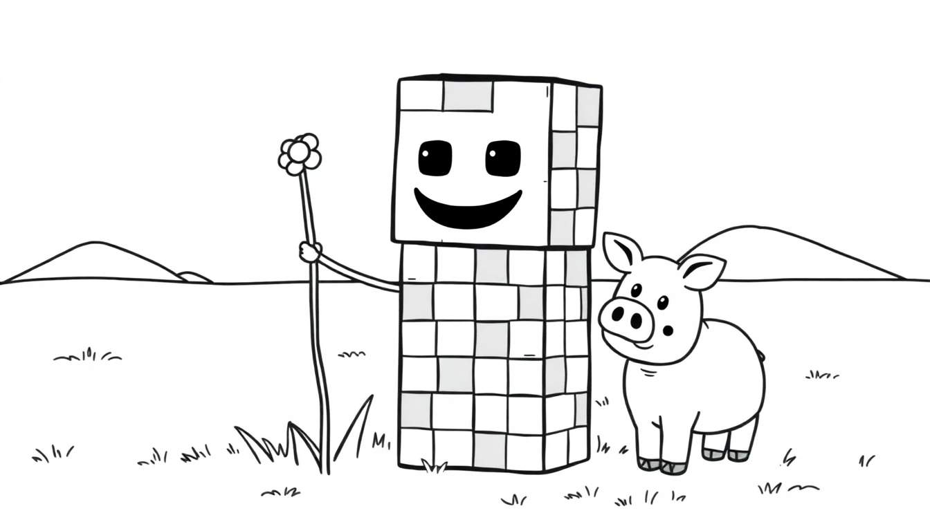 Dessin en noir et blanc d'un grand personnage en blocs souriant, tenant une fleur au bout d'un bâton, à côté d'un petit cochon amical. Arrière-plan simple avec des collines et de l'herbe.