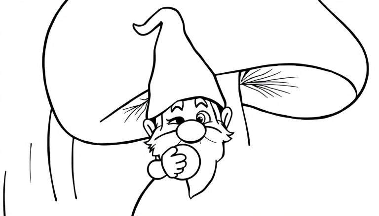 Dessin au trait en noir et blanc d'un gnome souriant faisant un clin d'œil, portant un chapeau pointu et tenant une balle.
