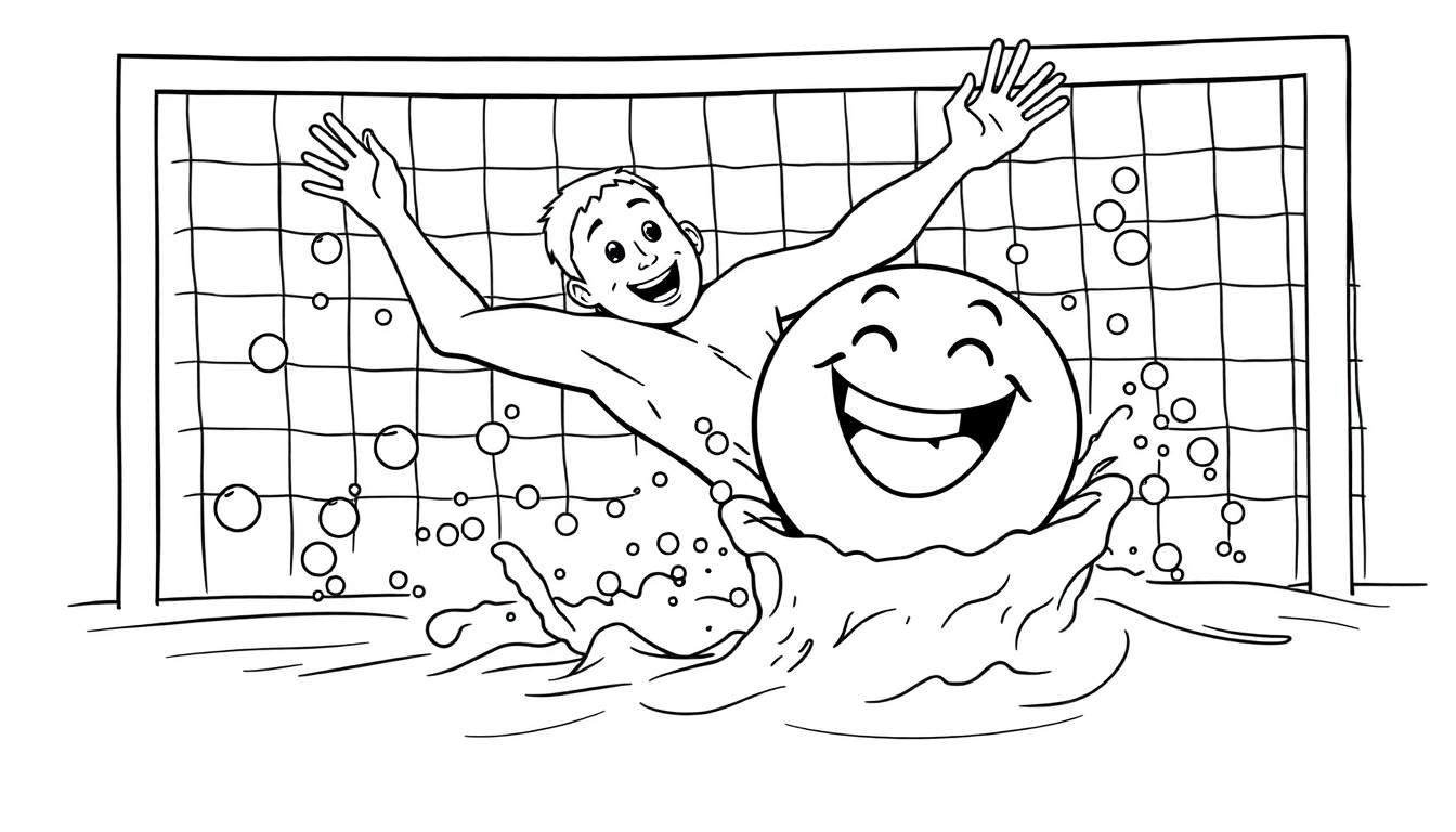 Dessin au trait noir et blanc d'un homme joyeux levant les bras derrière un ballon éclaboussant de l'eau devant un filet, avec des bulles.