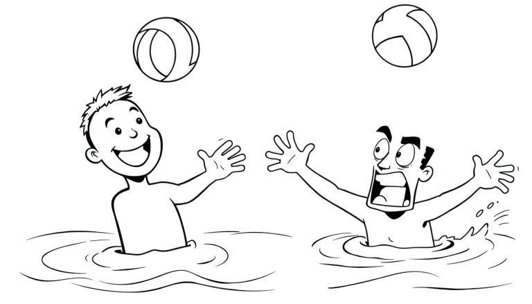 Coloriage d'un garçon et d'un homme jouant avec des ballons dans l'eau, avec des éclaboussures.