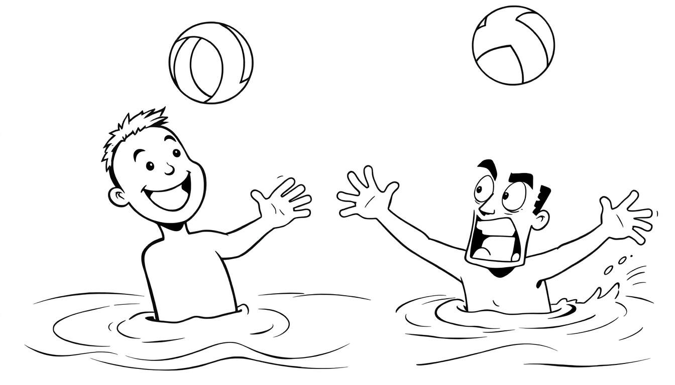 Coloriage d'un garçon et d'un homme jouant avec des ballons dans l'eau, avec des éclaboussures.
