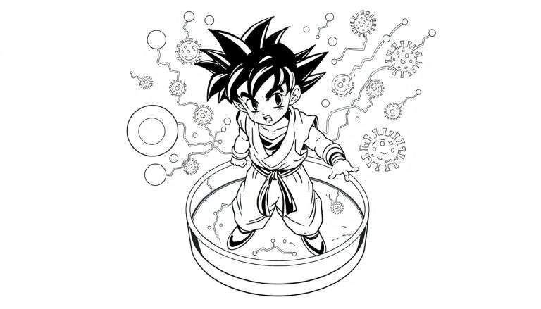 Dessin au trait noir et blanc d'un jeune personnage de style anime, comme Goku, dans une cuve, entouré de formes de virus stylisés et de lignes sinueuses. Arrière-plan avec des cercles concentriques.