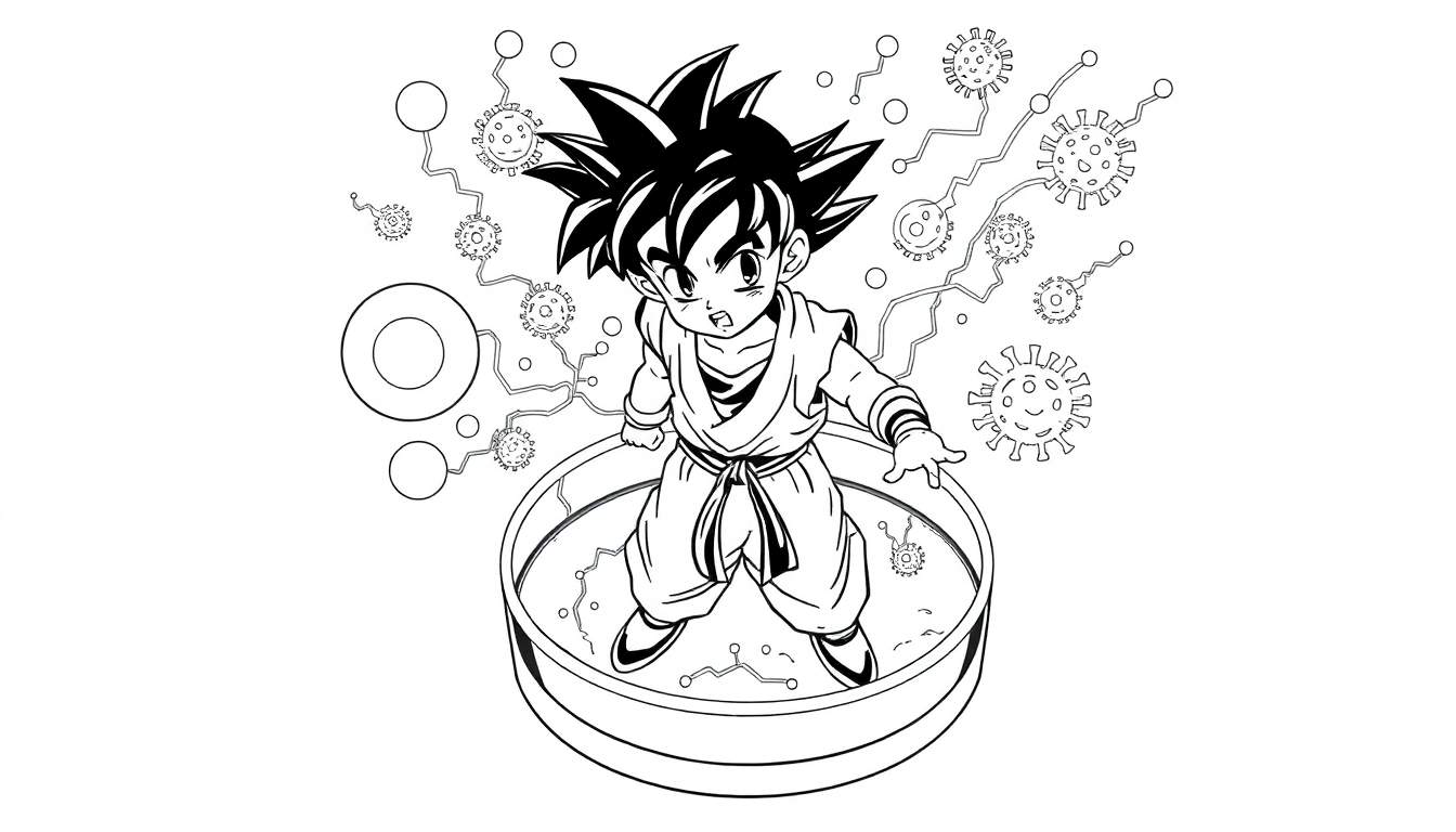 Dessin au trait noir et blanc d'un jeune personnage de style anime, comme Goku, dans une cuve, entouré de formes de virus stylisés et de lignes sinueuses. Arrière-plan avec des cercles concentriques.