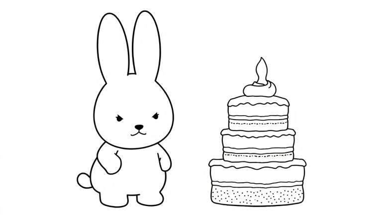 Dessin au trait d'un lapin grincheux à côté d'un gâteau d'anniversaire à étages.