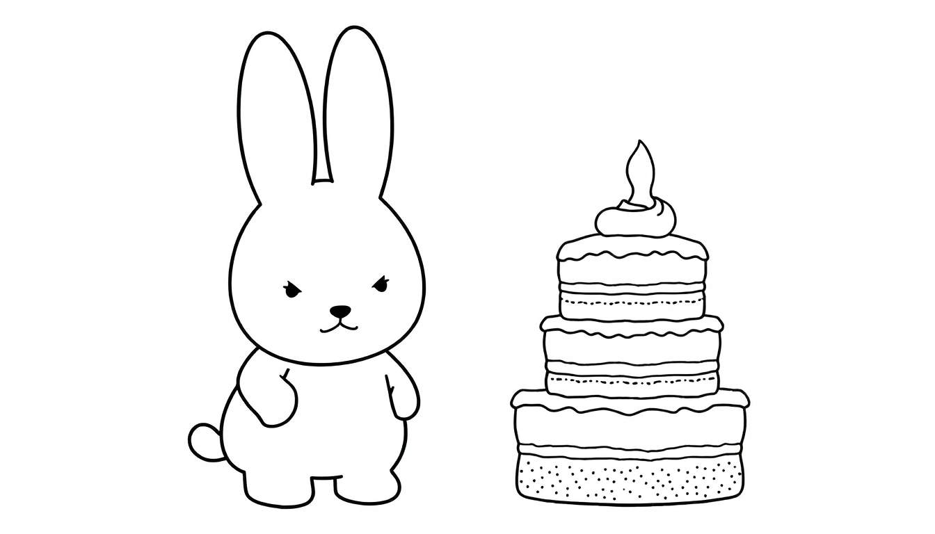 Dessin au trait d'un lapin grincheux à côté d'un gâteau d'anniversaire à étages.