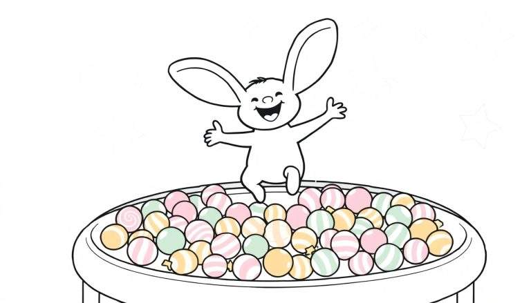 Coloriage d'un lapin heureux dans un panier de boules multicolores, style dessin animé pour enfants.
