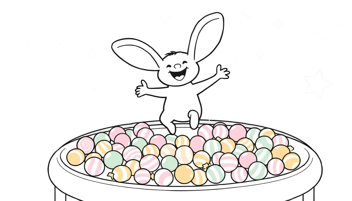 Coloriage d'un lapin heureux dans un panier de boules multicolores, style dessin animé pour enfants.