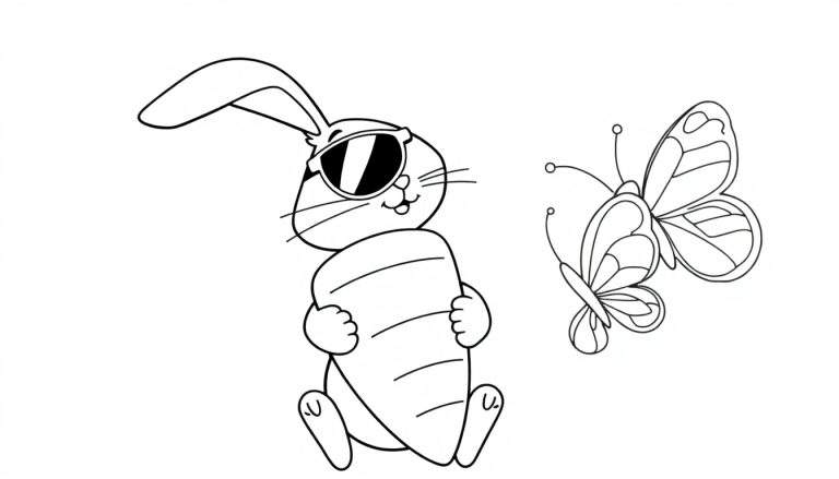 Dessin au trait d'un lapin cool avec des lunettes de soleil et une carotte, à côté d'un papillon, prêt à être colorié.