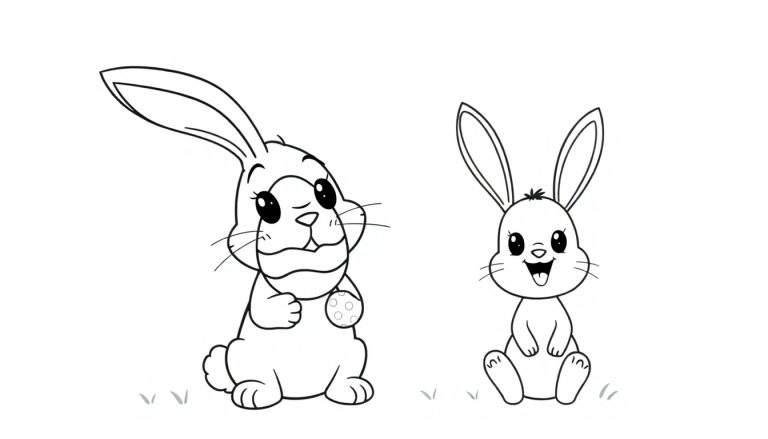 Coloriage de deux lapins, un grand debout tenant un œuf et un petit assis souriant, avec de l'herbe stylisée.