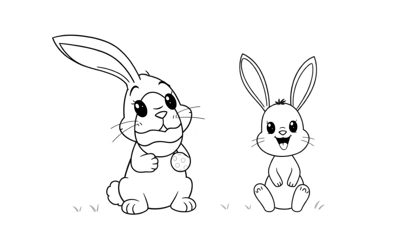 Coloriage de deux lapins, un grand debout tenant un œuf et un petit assis souriant, avec de l'herbe stylisée.