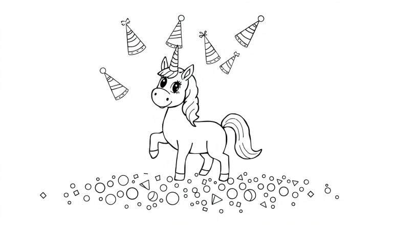 Coloriage d'une licorne magique avec des chapeaux de fête tombant autour d'elle et des formes géométriques en bas.