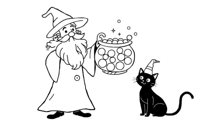 Dessin animé d'un magicien et d'un chat noir créant des bulles dans une marmite.