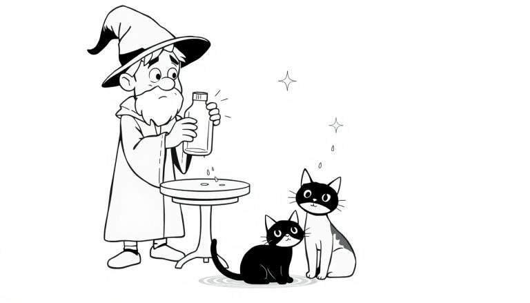 Coloriage d'un magicien à barbe blanche avec un chapeau pointu versant du liquide, entouré de deux chats noirs et d'étoiles dans le ciel.